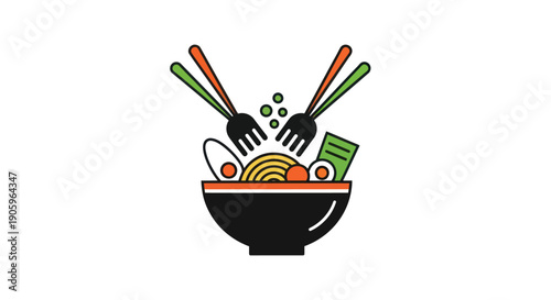 Noodle bowl with chopsticks and utensils