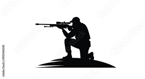 Sniper in kneeling position aiming rifle stark black silhouette