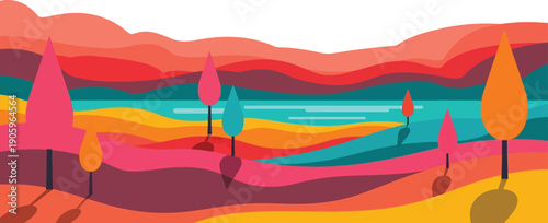 Vibrant, stylized landscape features layered colorful hills and abstract, brightly colored trees beside a body of water.