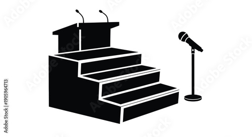 A black silhouette of a stage and microphone on white background