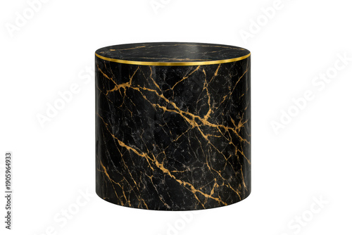 Black marble cylinder podium with gold veins, elegant pedestal for product display, luxury showcase stand, transparent background