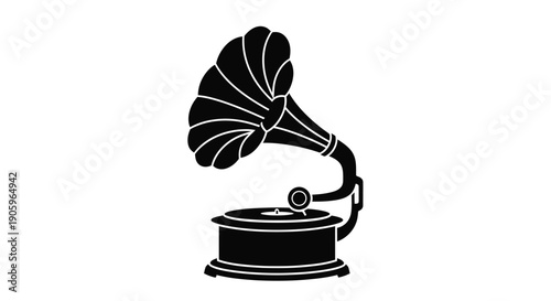 Vintage gramophone illustration in stark black and white silhouette