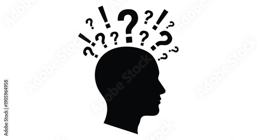 A head filled with questions and exclamations dark silhouette