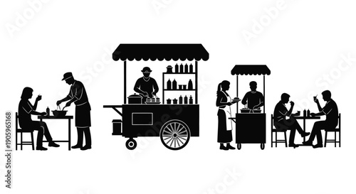 Street food vendors and customers enjoying meals black silhouette