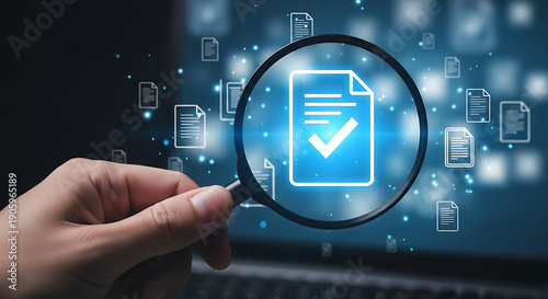 Wallpaper Mural Hand holding magnifying glass examining digital document with approval symbol on computer screen in a technological environment from a close-up viewpoint Torontodigital.ca