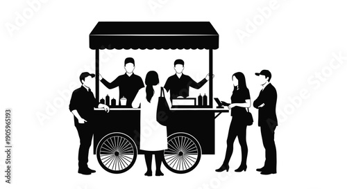 People interacting at a food cart a striking black silhouette