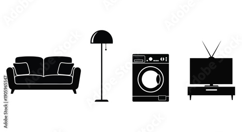Household appliances and furniture arranged in a simple line silhouette