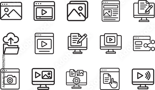 Web content line icons set with photo, video, media and blogging symbols, clean outline vector EPS for UI design.