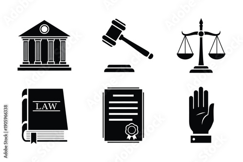 Law and justice icons: courthouse, gavel, scales, law book, document