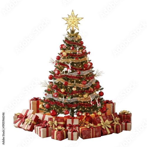 Christmas tree with gifts, isolated on transparent background