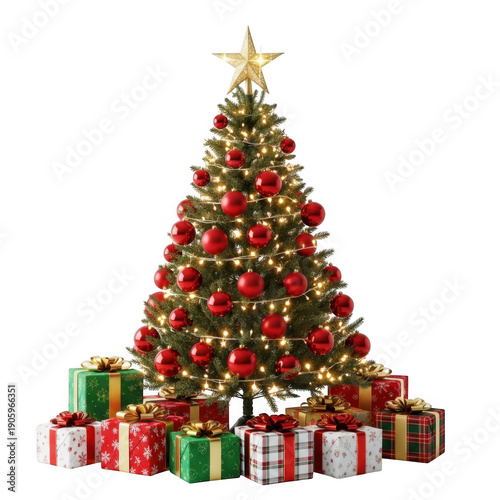 Christmas tree with ornaments and gifts, isolated on transparent background