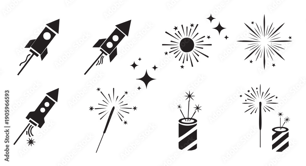 Fototapeta premium Collection of cartoon rockets fireworks and space exploration icons