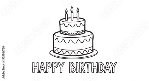 Hand drawn birthday cake with lit candles isolated on transparent background
