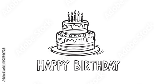 Hand drawn birthday cake with lit candles isolated on transparent background