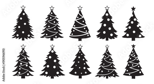 Set of ten hand drawn festive Christmas trees with decorations
