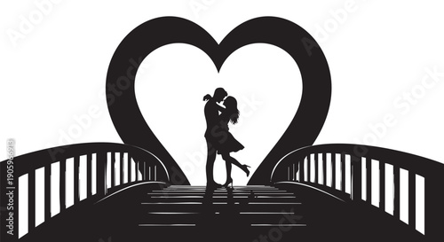 Silhouette couple embracing under heart shaped bridge at sunset