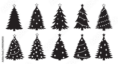 Set of ten festive Christmas trees with decorative ornaments isolated