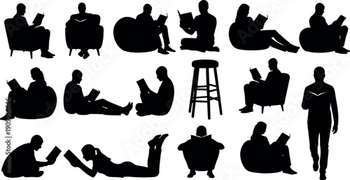 Collection of black silhouettes of people in various sitting and lying positions