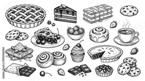 Engraved dessert set: pie, cake, cookies, cinnamon roll, waffle