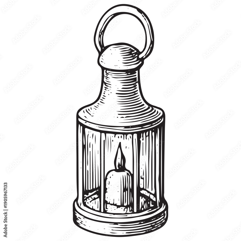 Obraz premium Vintage Medieval Lantern Candle Engraving Retro Rustic Light Illustration Antique Woodcut Line Art