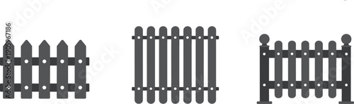 Grey wooden picket fence collection, flat vector garden gate icons, decorative outdoor boundary elements, rural backyard railing set, property enclosure illustration, isolated graphics