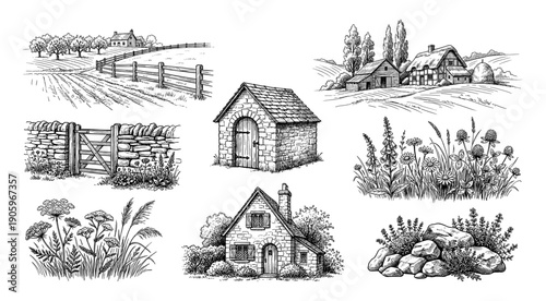 Collection of rural countryside elements in detailed line art