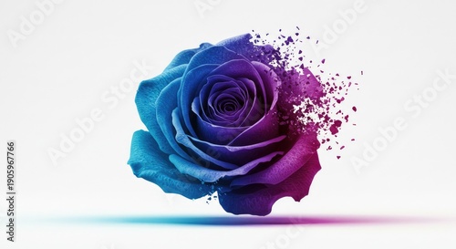 A vibrant rose with blue and purple hues explodes into particles