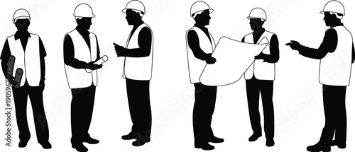 Group of civil engineers silhouette wearing hard hats and safety vests discussing architectural blueprints and project plans for industrial construction site development vector