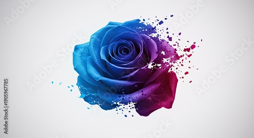 A vibrant rose with petals transitioning from blue to purple, surrounded by splatters of the same colors on a white background