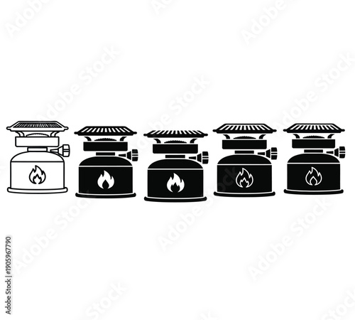 Black and white illustration of five portable gas stoves in a row