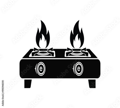 Black and white illustration of a dual burner gas stove with flames