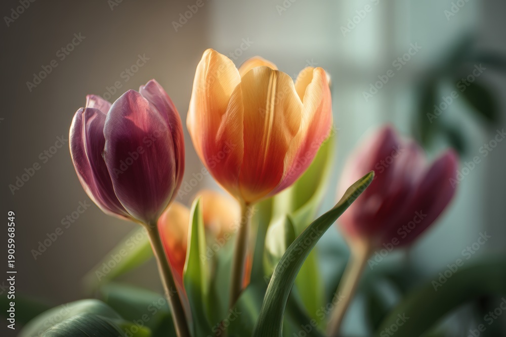 Fototapeta premium Tulips in Soft Evening Light with Warm Pastel Palette and Cinematic Mood