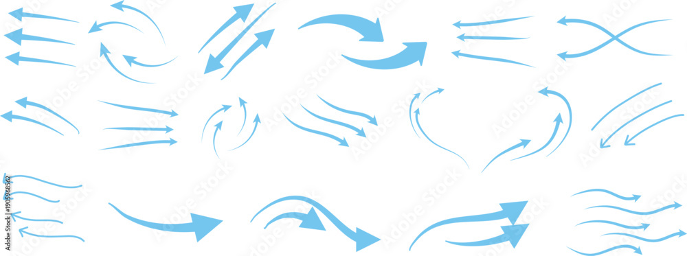 © Graphics Things - Air flow arrows set. Set of blue arrow showing wind air flow. Vector set of air flow arrows. Blue air flow arrows showing wind circulation and ventilation. Set of blue arrows showing cold air arrows.