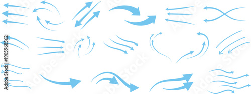 Air flow arrows set. Set of blue arrow showing wind air flow. Vector set of air flow arrows. Blue air flow arrows showing wind circulation and ventilation. Set of blue arrows showing cold air arrows.