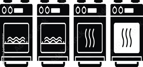 Four black and white illustrations of ovens with different heat wave graphics