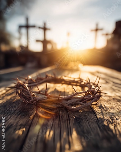 Crown of Thorns at Calvary with Three Crosses and Sunrise Background
