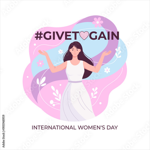 Illustration for International Women's Day featuring a woman with open arms against pastel background with hashtag givetogain