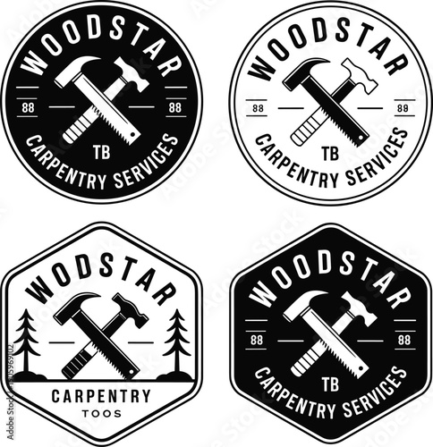 Vintage carpentry service badges with hammer and saw, industrial welder worker silhouettes, construction site road sign, woodworking logo set, metalwork fabrication design elements