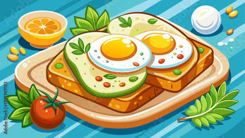 Cartoon vector illustration of toast topped with eggs in clean flat cafe brunch food style