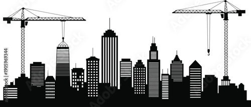 Black city skyline silhouette with construction cranes, urban skyscraper vector, building development site illustration, metropolitan architecture icons, isolated on white background for design