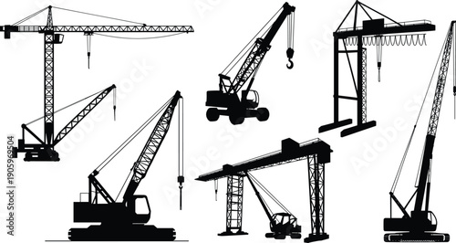 Black industrial crane silhouettes set, heavy machinery construction equipment icons, tower and mobile crawler cranes for building projects, engineering site vector illustration isolated