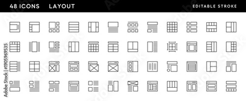 Layout and grid icon collection. User interface icons, sidebar, layout, grid system, toolbar, frame, alignment guide and more. Editable stroke. Pixel Perfect. Grid base 32 x 32.