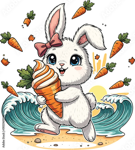 Cute Cartoon Sticker of a Happy Bunny Enjoying Ice Cream on a Sunny Beach Day with Carrots
