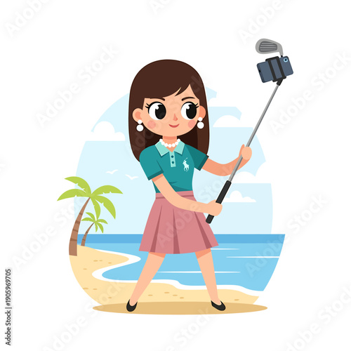 Cute Cartoon Sticker of a Girl Taking a Selfie on a Beach with a Palm Tree