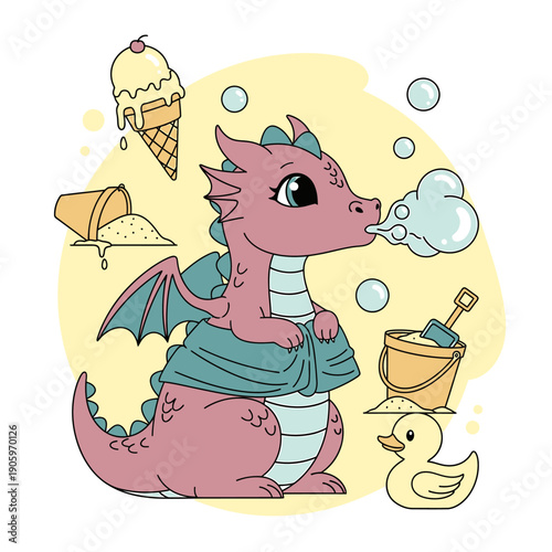 Cute Cartoon Sticker of a pink dragon taking a bath with a rubber duck and ice cream cones around