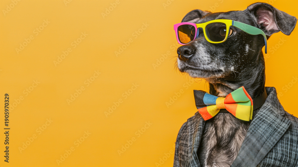 Fototapeta premium Perro con ropa elegante y colorida y con gafas de sol