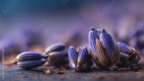 Lavender buds close up, purple texture, aromatherapy concept, blurred field background