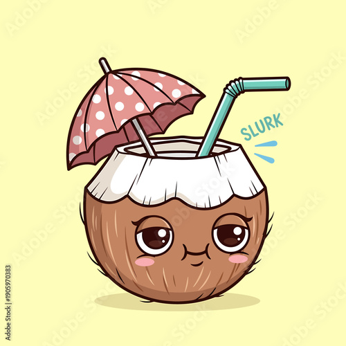 Cute Cartoon Sticker of a Coconut Drink with Umbrella and Straw on a Summer Day
