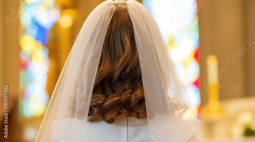 Rear view of bride with veil in church with stained glass. Wedding day anticipation, love, marriage, and ceremony concept.