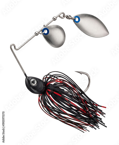 Black and red spinnerbait with tandem blades and realistic eyes.